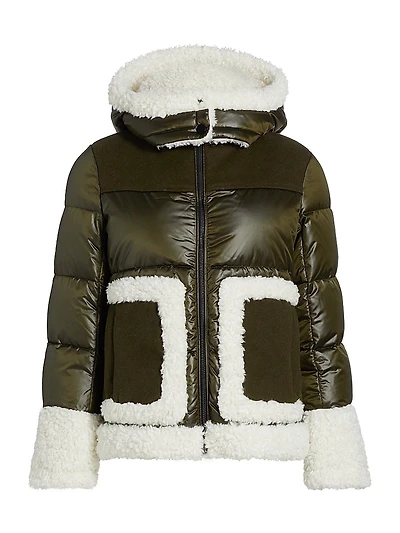 Dana Mixed-Media Hooded Down Coat