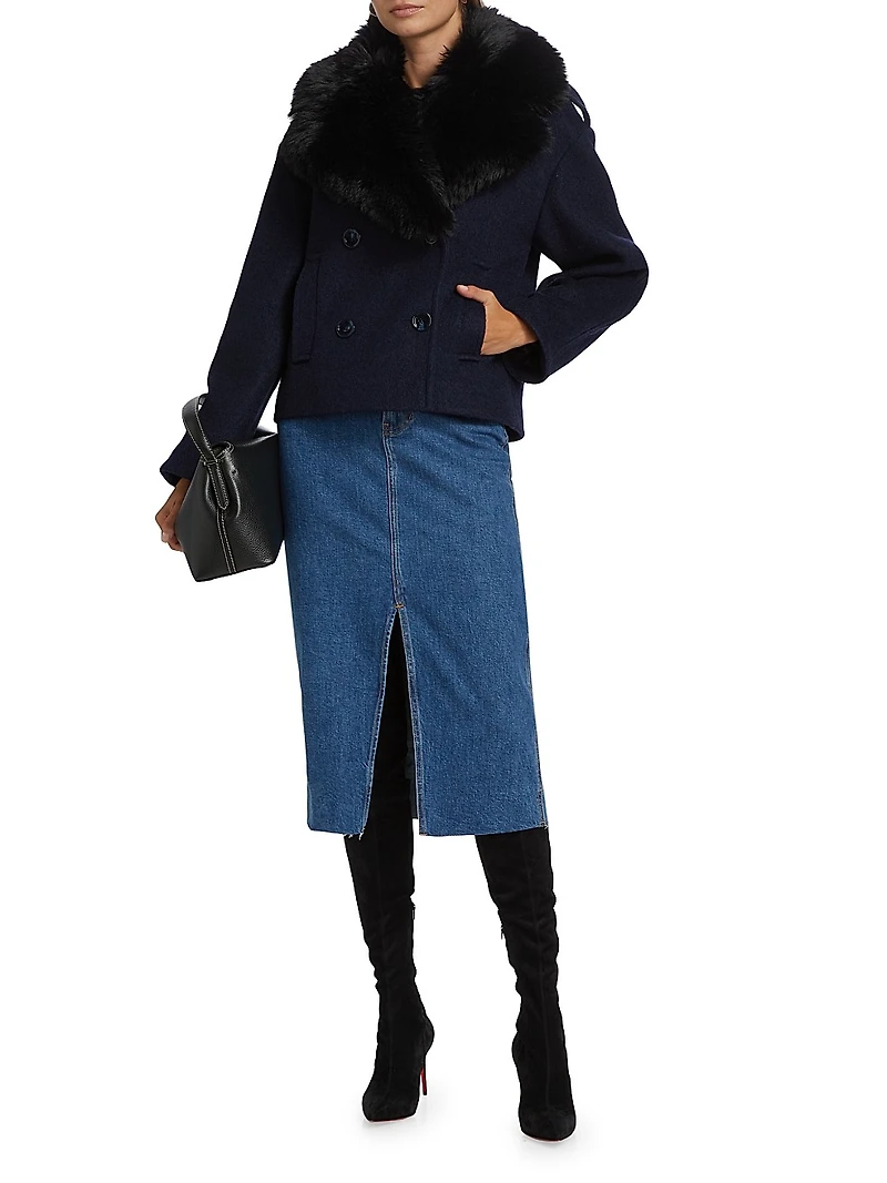 Georgia Faux Fur Collar Double-Breasted Peacoat