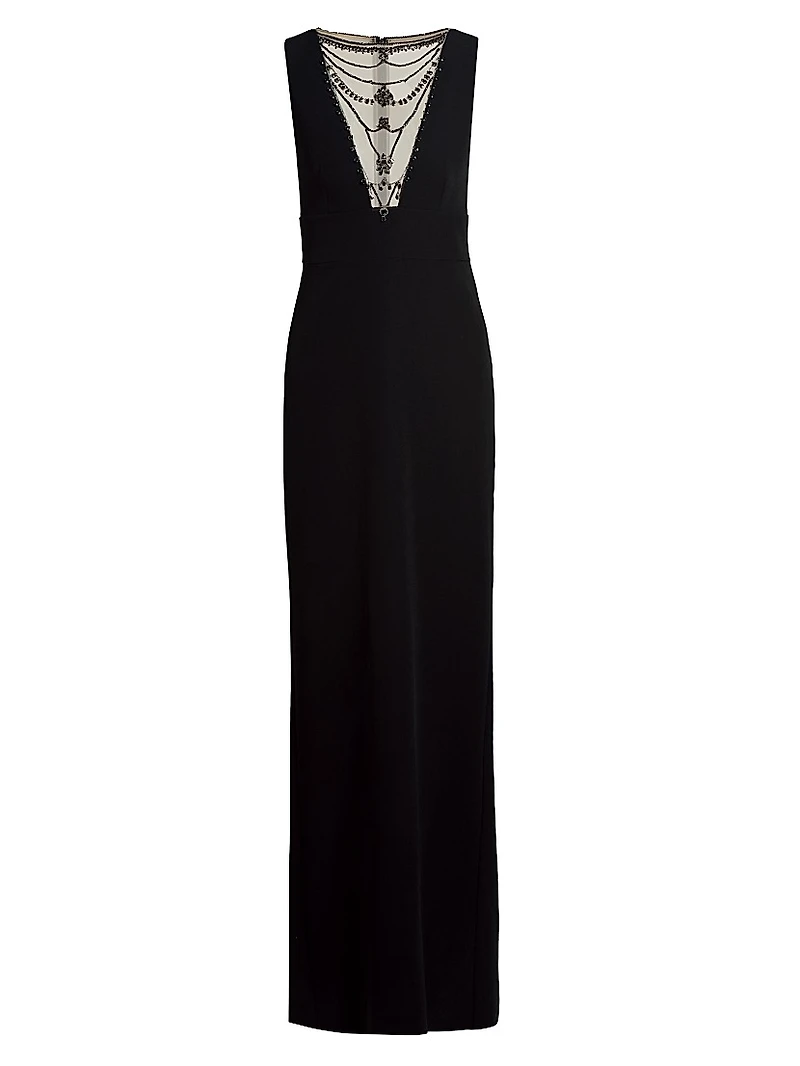 Illusion-Neck Crepe Column Gown