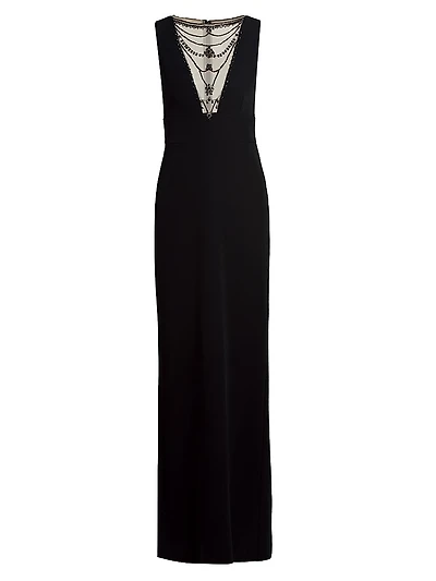 Illusion-Neck Crepe Column Gown