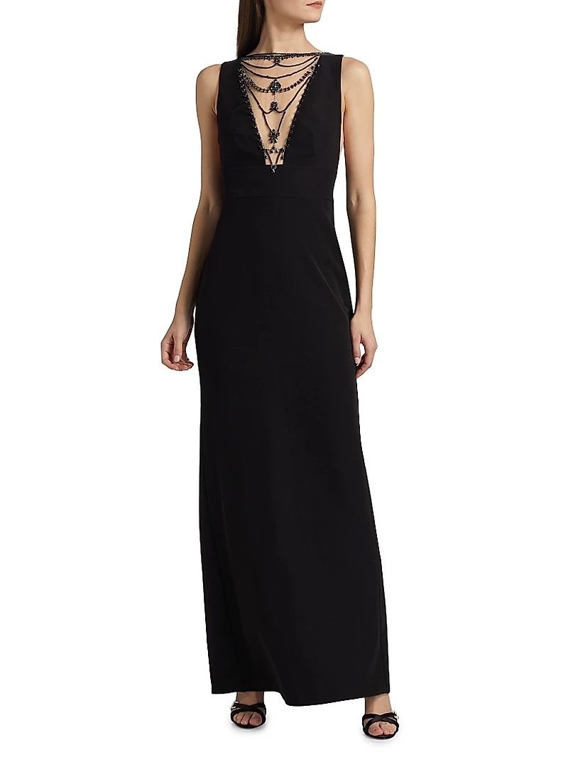 Illusion-Neck Crepe Column Gown