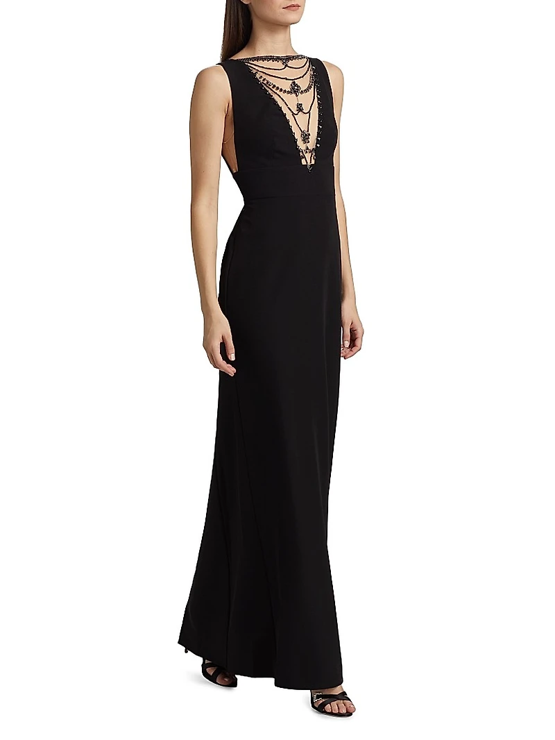 Illusion-Neck Crepe Column Gown