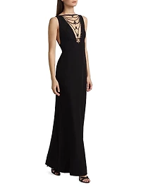 Illusion-Neck Crepe Column Gown