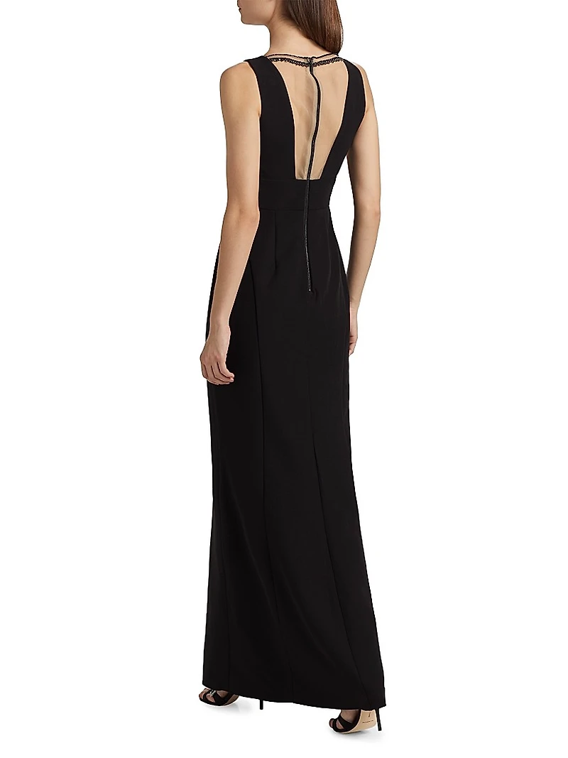 Illusion-Neck Crepe Column Gown