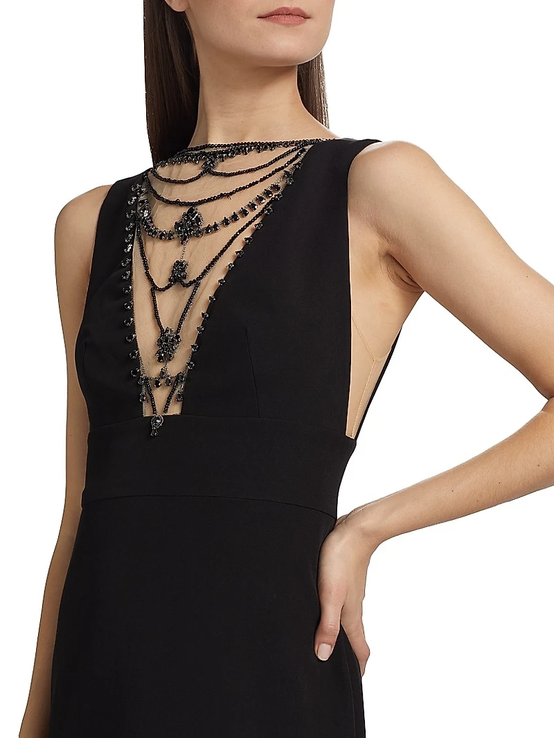 Illusion-Neck Crepe Column Gown