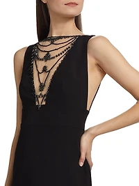 Illusion-Neck Crepe Column Gown