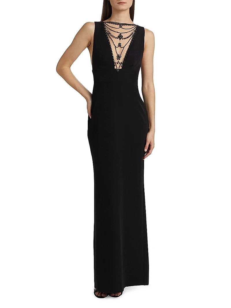 Illusion-Neck Crepe Column Gown