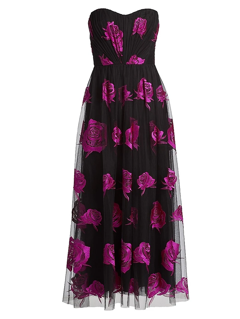 Perle Floral Tulle Strapless Maxi Dress