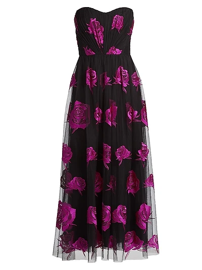 Perle Floral Tulle Strapless Maxi Dress