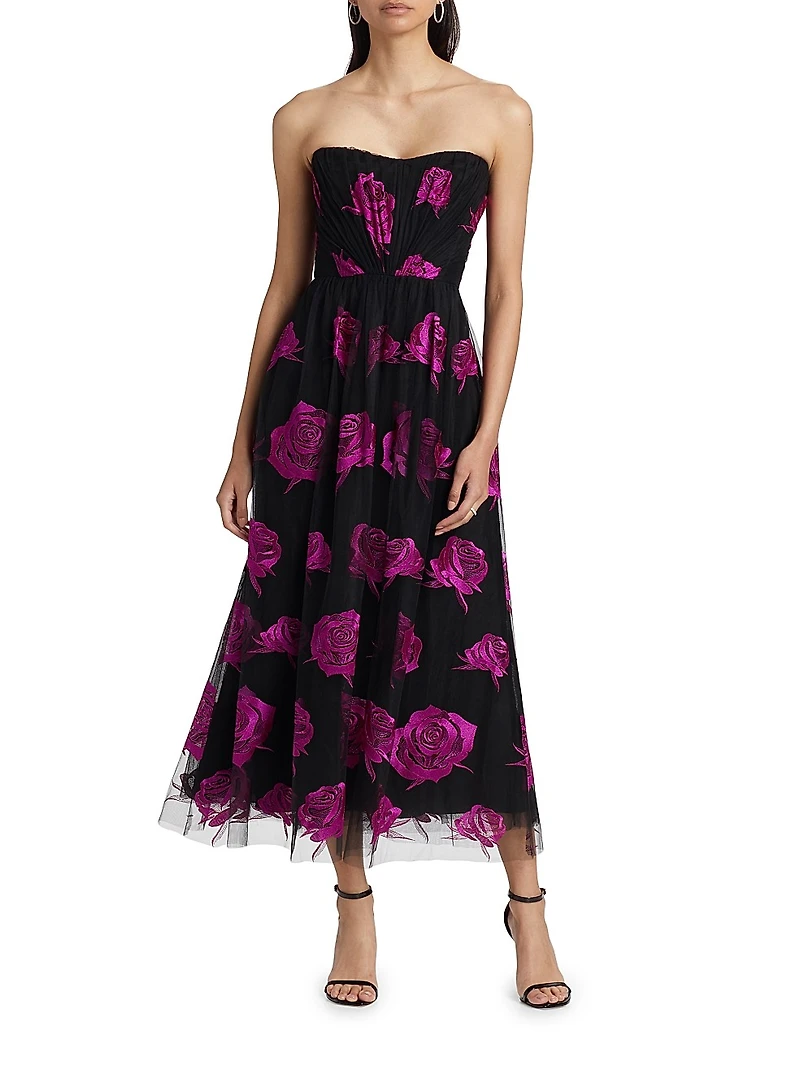 Perle Floral Tulle Strapless Maxi Dress