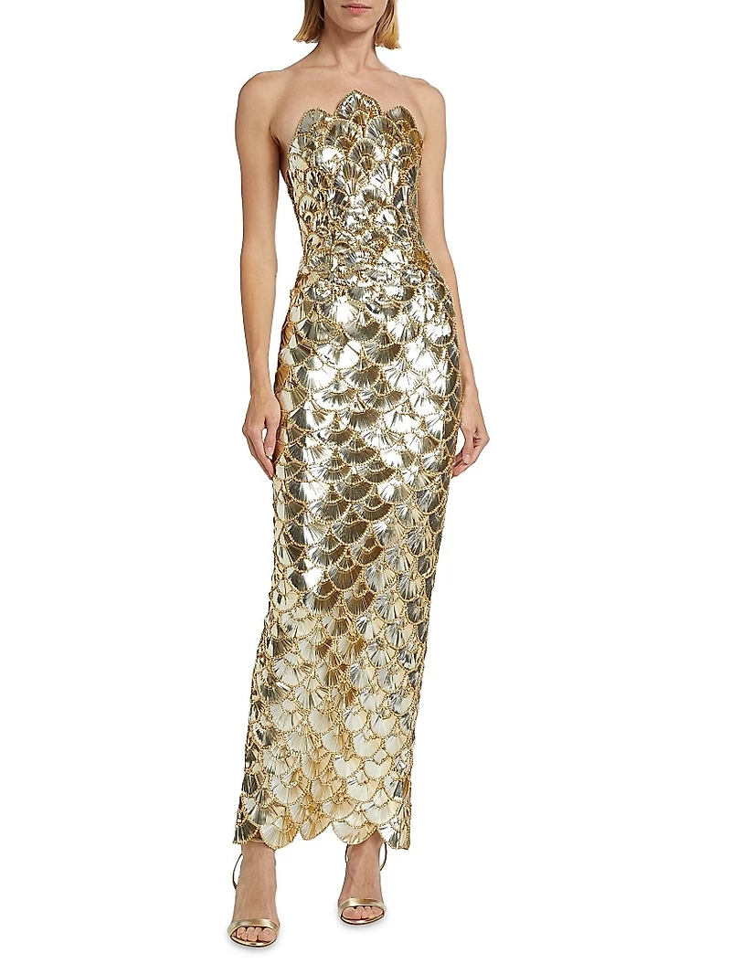 Strapless Sequin Scallop Column Gown