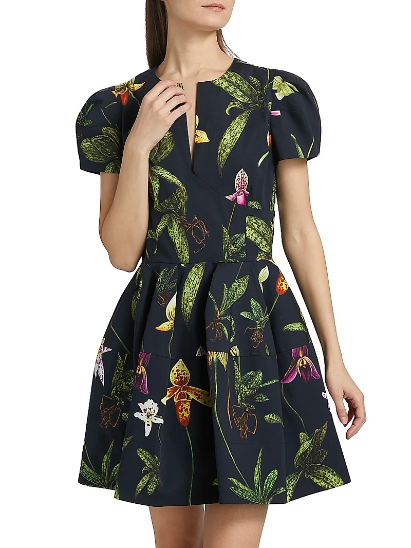 Orchids Poplin Puff-Sleeve Minidress