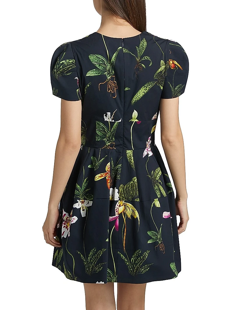 Orchids Poplin Puff-Sleeve Minidress