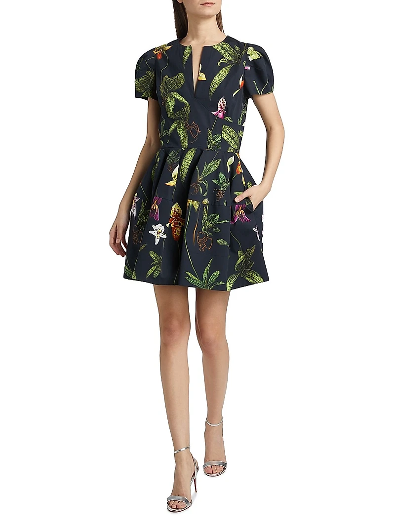 Orchids Poplin Puff-Sleeve Minidress