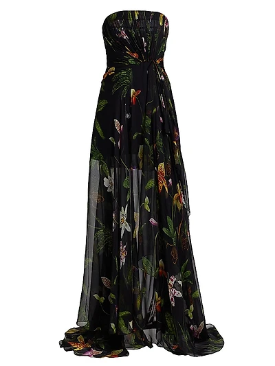 Orchids Silk Chiffon Strapless Drape Gown