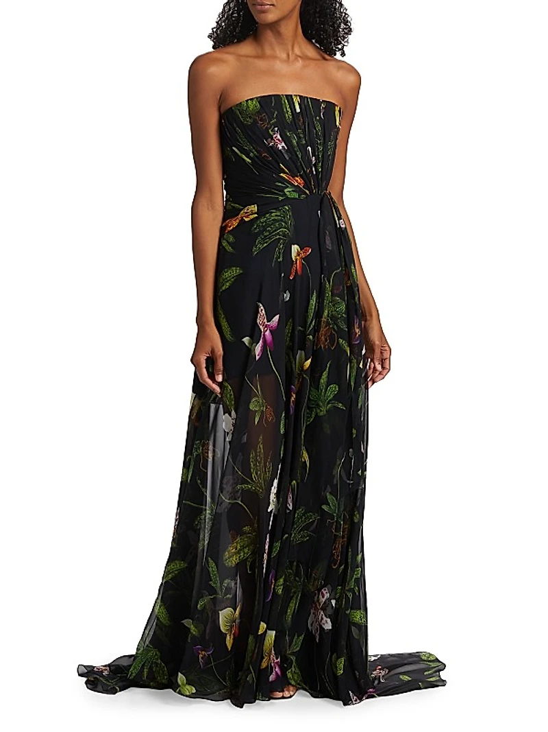 Orchids Silk Chiffon Strapless Drape Gown