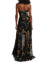 Orchids Silk Chiffon Strapless Drape Gown