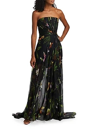 Orchids Silk Chiffon Strapless Drape Gown