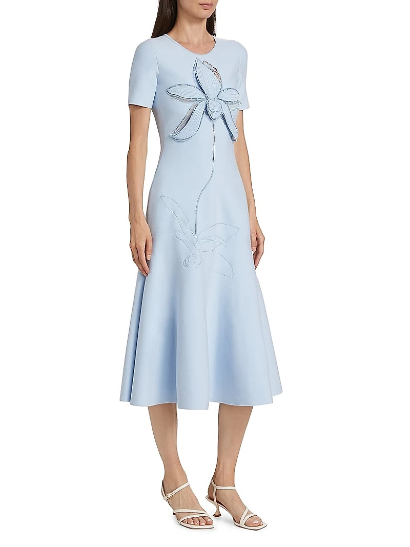 Floral-Embroidered Knit Midi-Dress
