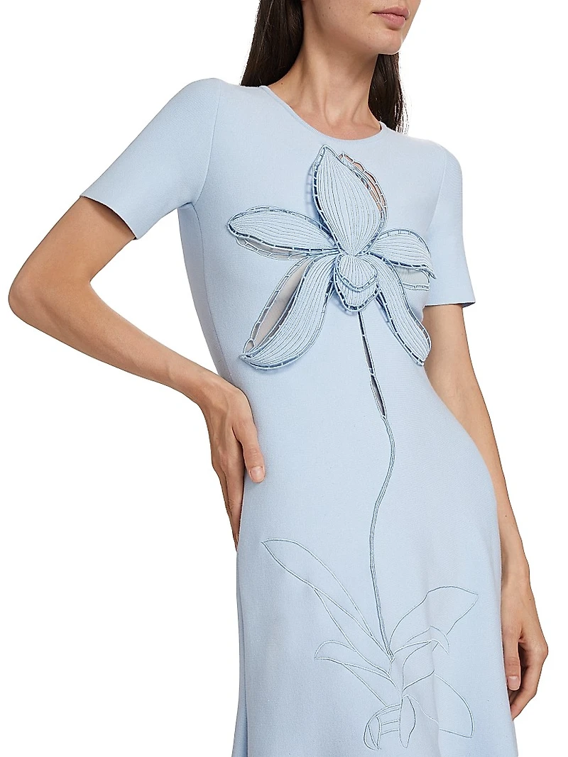 Floral-Embroidered Knit Midi-Dress