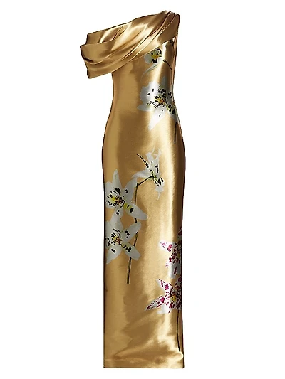Metallic Orchid Draped Column Gown