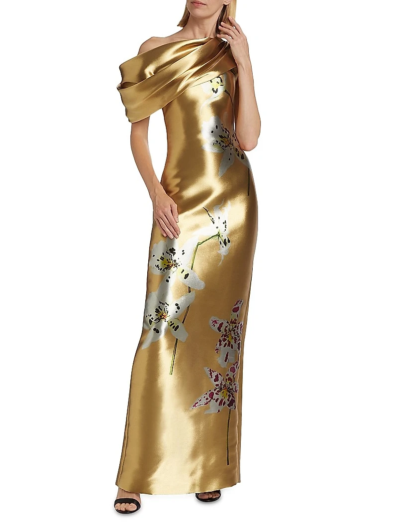 Metallic Orchid Draped Column Gown