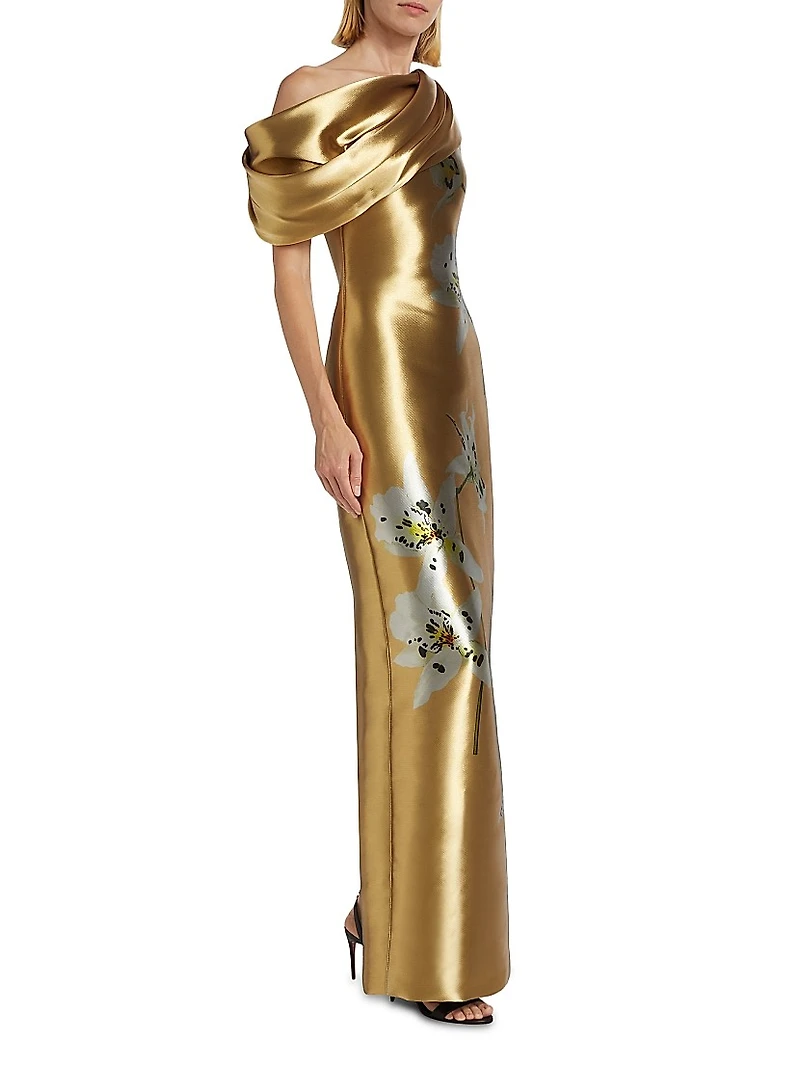 Metallic Orchid Draped Column Gown
