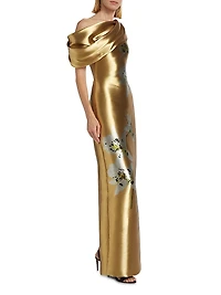 Metallic Orchid Draped Column Gown