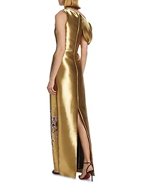 Metallic Orchid Draped Column Gown
