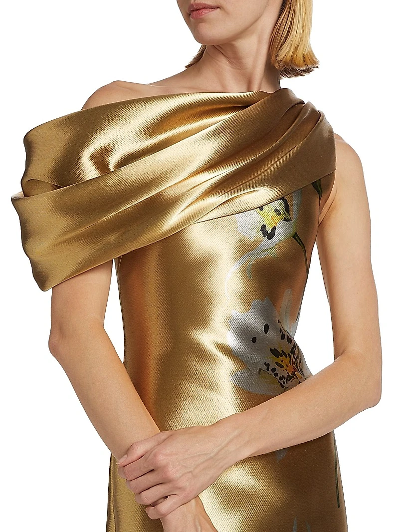 Metallic Orchid Draped Column Gown