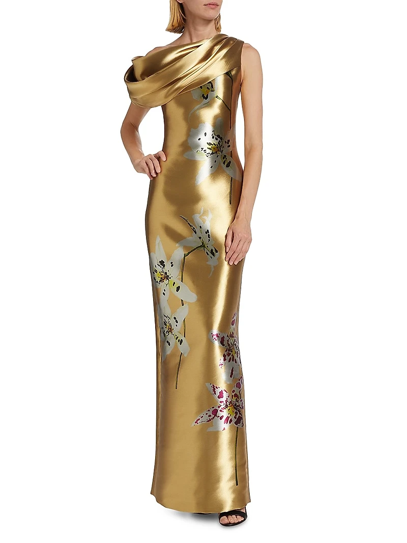 Metallic Orchid Draped Column Gown