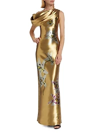 Metallic Orchid Draped Column Gown