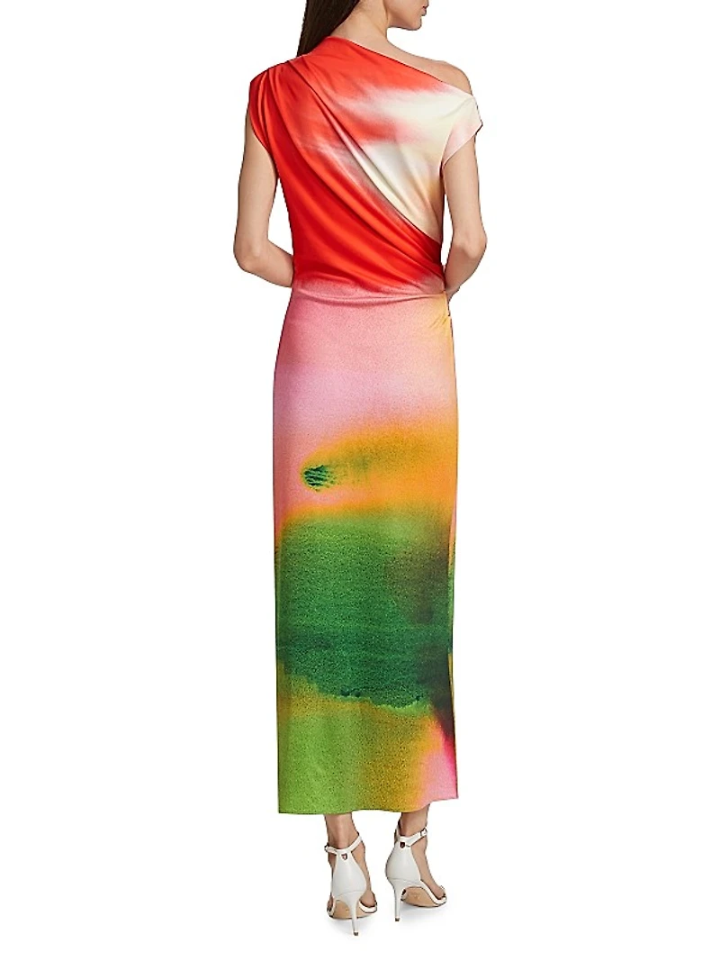 Watercolor Jersey Draped Maxi Dress