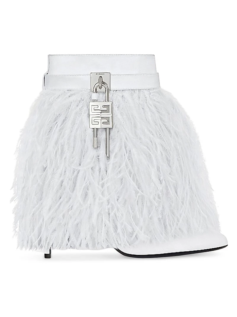 Shark Lock Stiletto Ankle Boots in Satin with Feathers