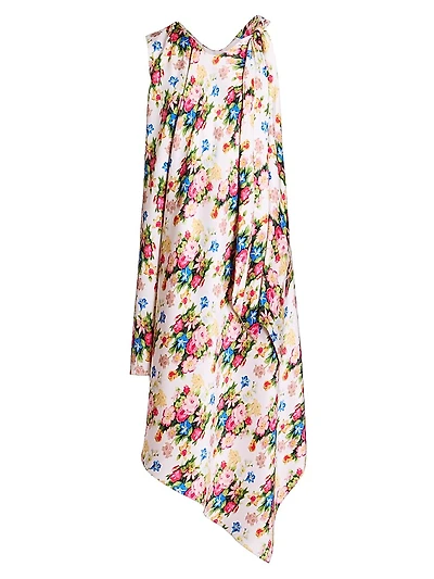 Asymmetric Floral Silk Midi-Dress