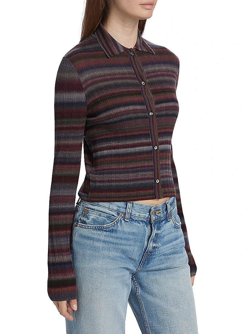Rib-Knit Stripe Polo Cardigan