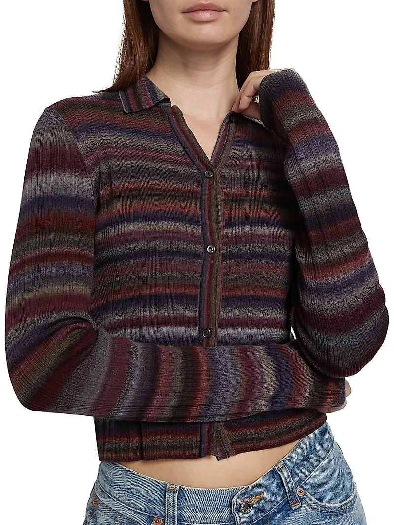 Rib-Knit Stripe Polo Cardigan
