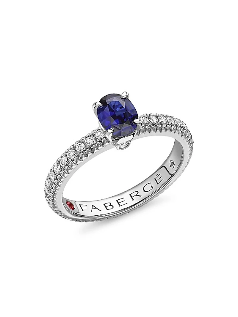 Colors of Love White Gold Blue Sapphire Fluted Ring with Diamond Shoulders