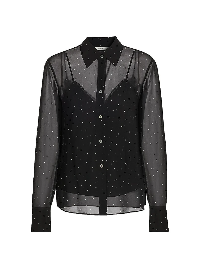 Dot-Print Sheer Silk Long-Sleeve Blouse