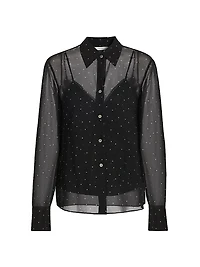 Dot-Print Sheer Silk Long-Sleeve Blouse