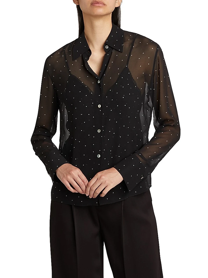 Dot-Print Sheer Silk Long-Sleeve Blouse