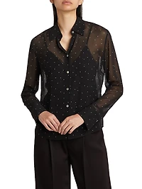 Dot-Print Sheer Silk Long-Sleeve Blouse