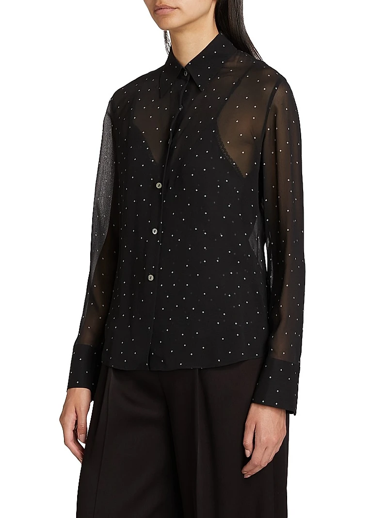 Dot-Print Sheer Silk Long-Sleeve Blouse