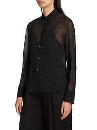 Dot-Print Sheer Silk Long-Sleeve Blouse