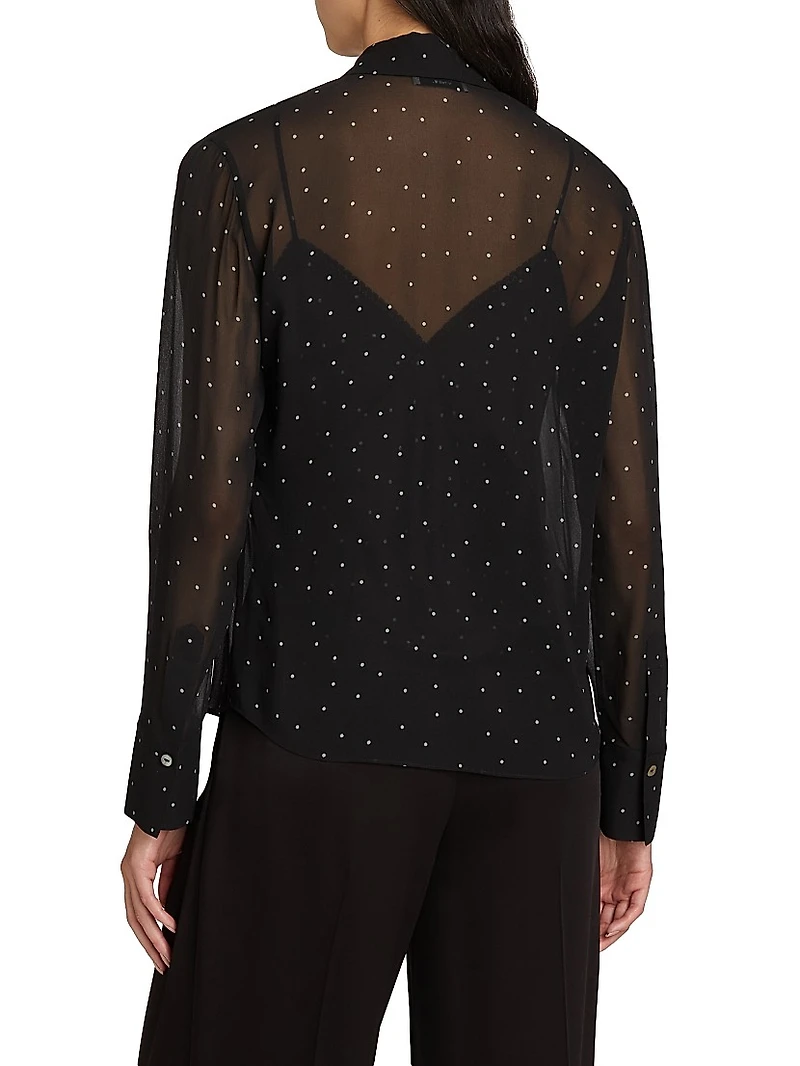 Dot-Print Sheer Silk Long-Sleeve Blouse