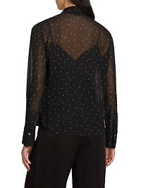 Dot-Print Sheer Silk Long-Sleeve Blouse