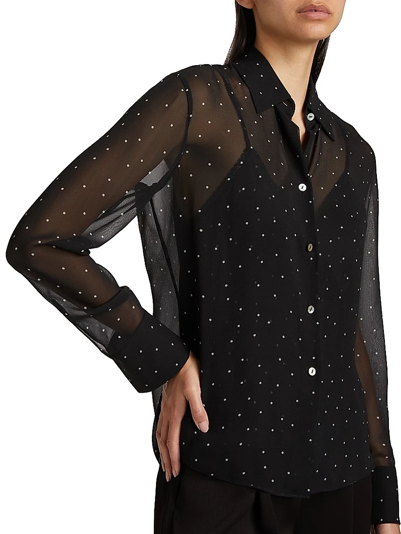 Dot-Print Sheer Silk Long-Sleeve Blouse