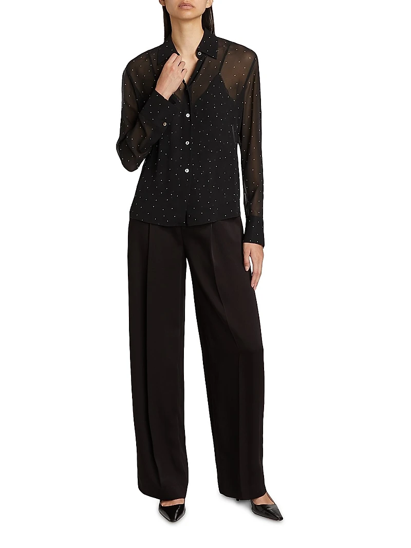 Dot-Print Sheer Silk Long-Sleeve Blouse