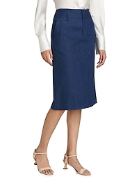 Cotton Denim Pencil Midi-Skirt