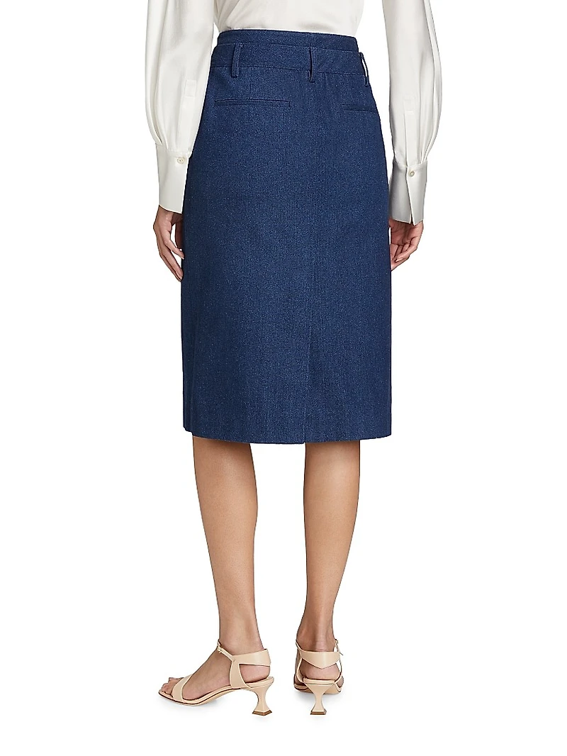Cotton Denim Pencil Midi-Skirt